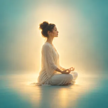 Mulher meditando sentada, envolvida por luz suave