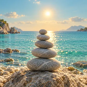 Pedras equilibradas sobre a rocha diante do mar calmo