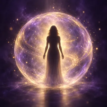 Silhueta de uma pessoa dentro de uma esfera de luz dourada e violeta