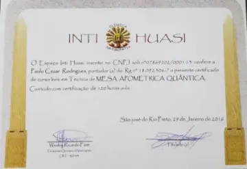 Certificado de Paulo Rodrigues: Mesa Apométrica Quântica · Clínica Inti Huasi