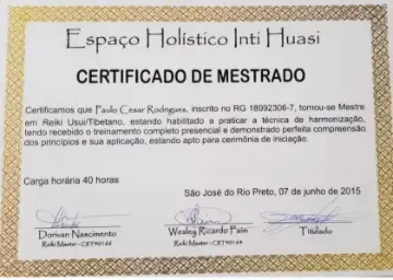 Certificado de Paulo Rodrigues: Mestrado em Reiki Usui/Tibetano · Inti Huasi