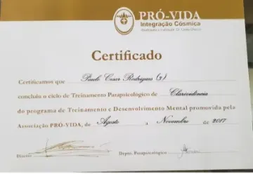 Certificado de Paulo Rodrigues: Treinamento Parapsicológico · Pró-Vida