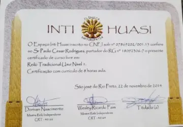 Certificado de Paulo Rodrigues: Reiki Tradicional Usui — Nível 1