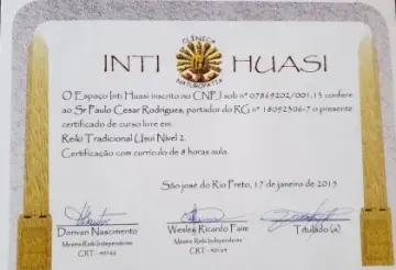 Certificado de Paulo Rodrigues: Reiki Tradicional Usui — Nível 2