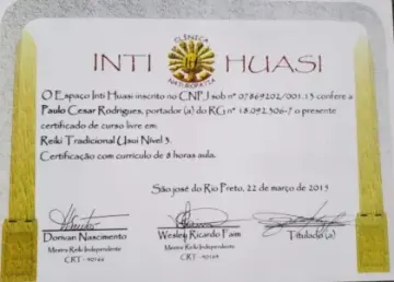 Certificado de Paulo Rodrigues: Reiki Tradicional Usui — Nível 3