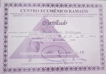 Certificado de Paulo Rodrigues: Curso de Apometria, 1º ao 4º módulo · Ramatis