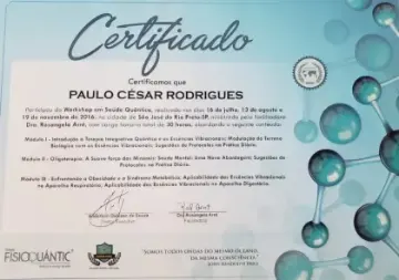 Certificado de Paulo Rodrigues: Workshop em Saúde Quântica · Fisioquantic