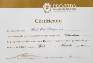 Certificado de Paulo Rodrigues: Clarividência · Pró-Vida Integração Cósmica