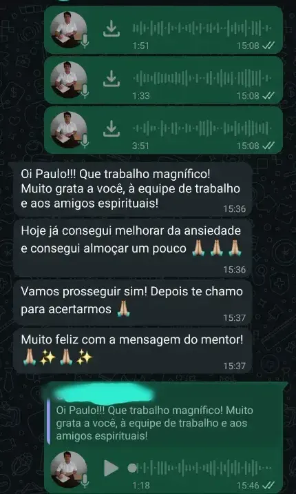Relato recebido no WhatsApp após a sessão de apometria à distância