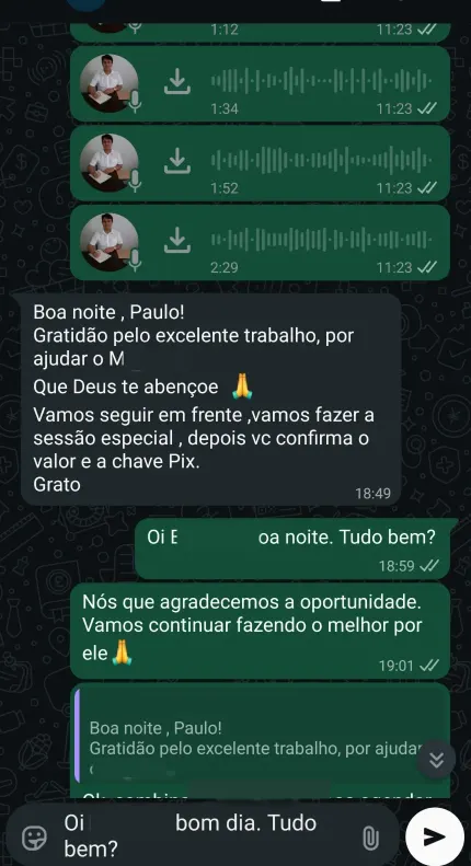 Mensagem de família atendida agradecendo o tratamento espiritual