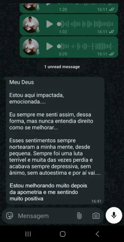 Print do relato: “Estou aqui impactada, emocionada — estou melhorando muito depois da apometria e me sentindo muito positiva”