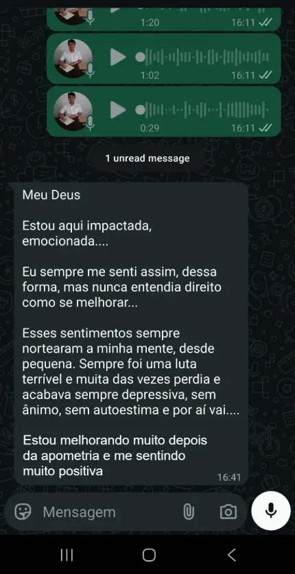 Print do relato: “Estou aqui impactada, emocionada — estou melhorando muito depois da apometria e me sentindo muito positiva”