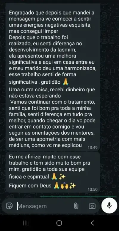 Depoimento de gratidão pela equipe física e espiritual