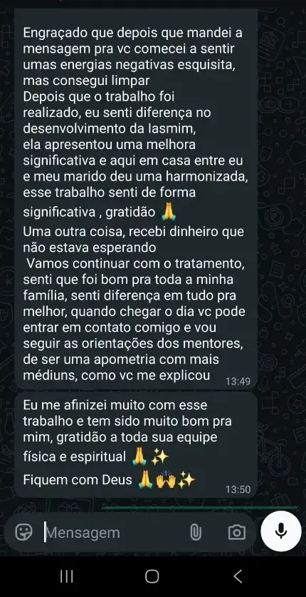 Depoimento de gratidão pela equipe física e espiritual