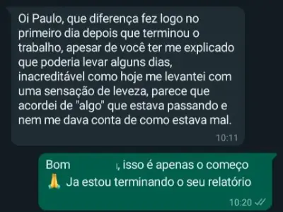 Relato de leveza sentida no primeiro dia depois do tratamento