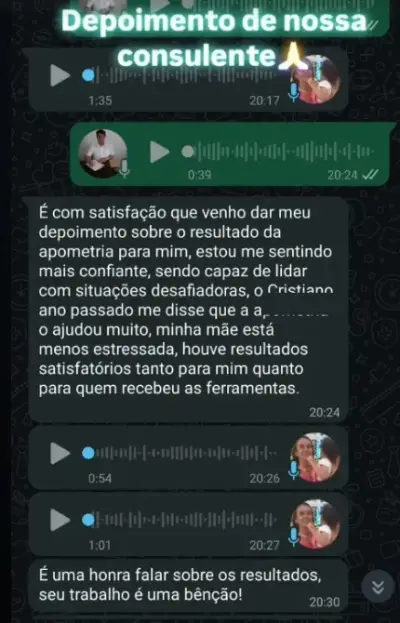 Depoimento de consulente sobre confiança e resultados da apometria