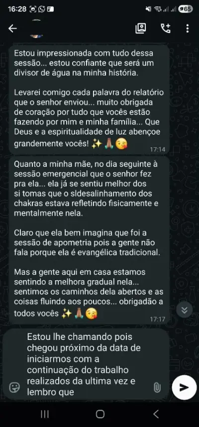 Relato de melhora da mãe depois da sessão emergencial