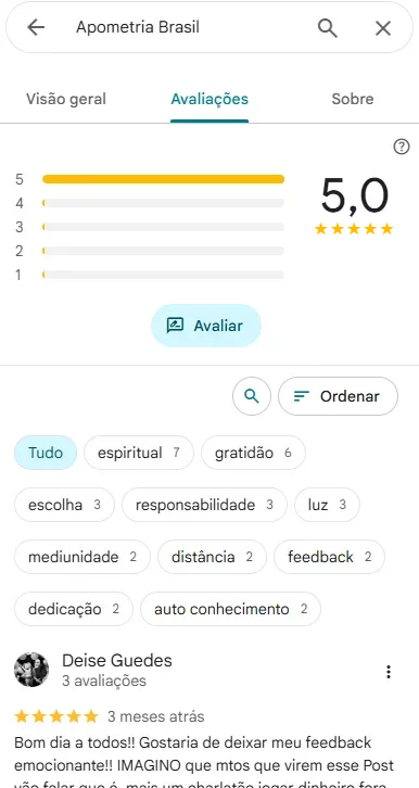Aba de avaliações da Apometria Brasil no Google: 5,0 de média e os assuntos mais citados