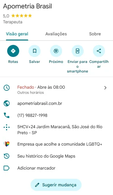 Perfil da Apometria Brasil no Google, com nota 5,0