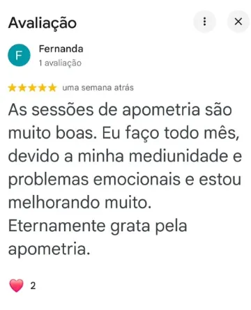 Avaliação 5 estrelas de Fernanda no Google sobre as sessões de apometria