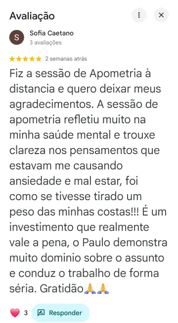 Avaliação 5 estrelas de Sofia Caetano no Google sobre a apometria com Paulo Rodrigues
