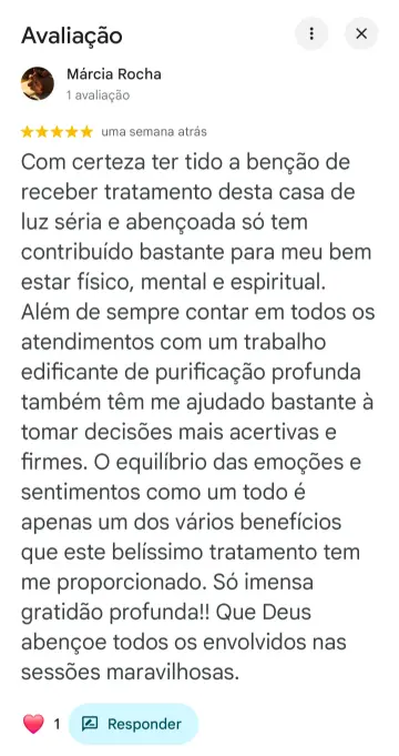 Avaliação 5 estrelas de Márcia Rocha no Google sobre a apometria com Paulo Rodrigues