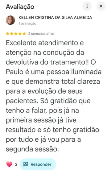 Avaliação 5 estrelas de Kellen Cristina da Silva Almeida no Google sobre a apometria com Paulo Rodrigues