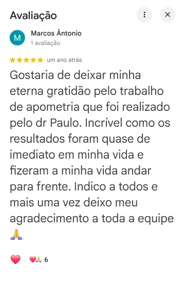 Avaliação 5 estrelas de Marcos Antônio no Google sobre a apometria com Paulo Rodrigues