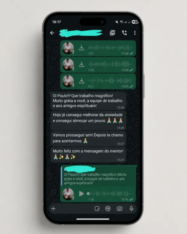 Mensagem de agradecimento enviada a Paulo Rodrigues após o tratamento de Apometria