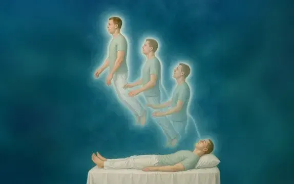 Desdobramento do corpo astral durante uma sessão de apometria à distância: o corpo físico deitado e os corpos sutis se elevando
