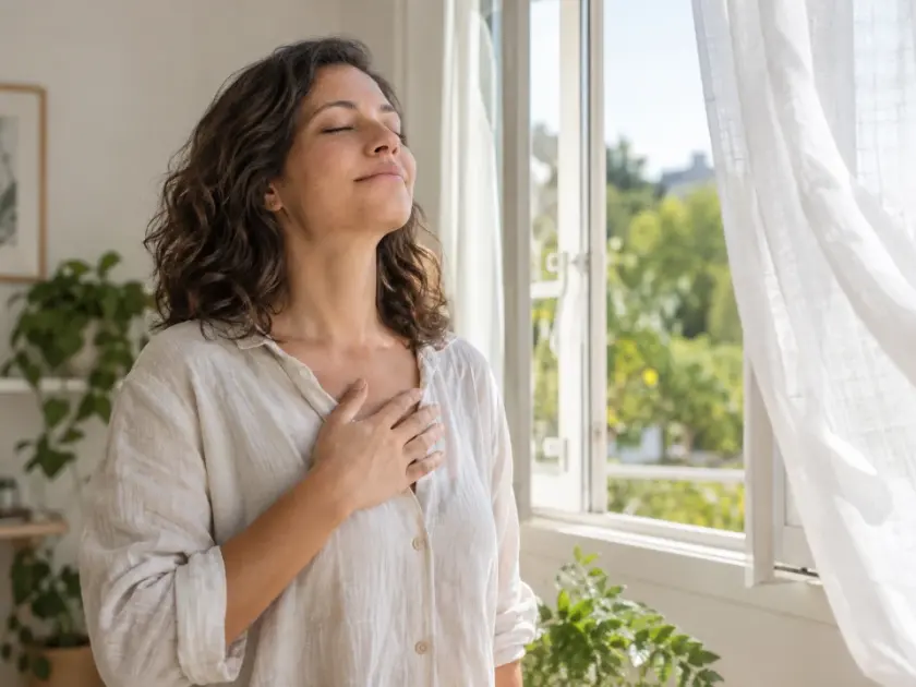 Mulher em pé diante da janela aberta, de olhos fechados e a mão no peito, respirando fundo na luz da manhã