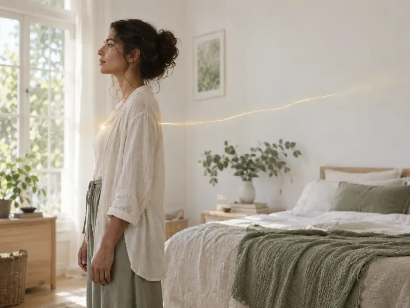 Mulher de perfil num quarto claro, com um fio de luz dourada saindo do peito e se estendendo para trás