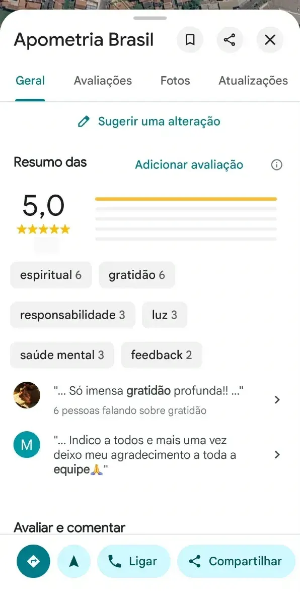 Resumo das avaliações da Apometria Brasil no Google Maps: 5,0 estrelas e assuntos mais citados