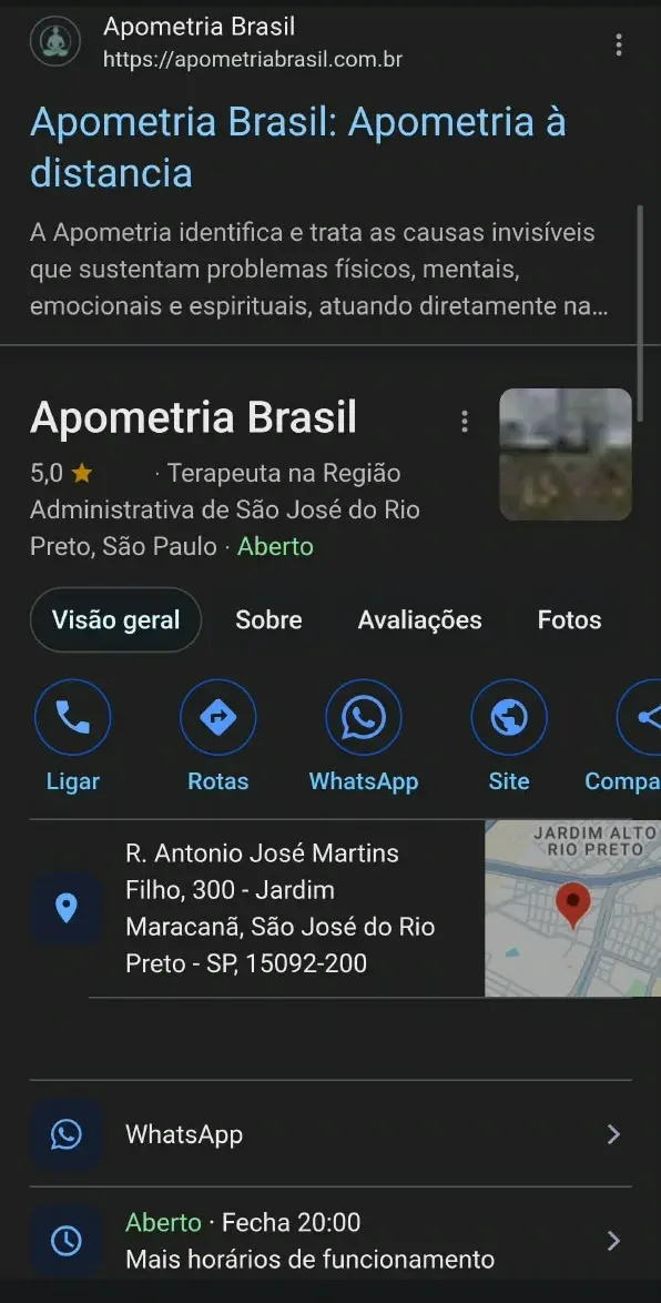 Perfil da Apometria Brasil no Google, com nota 5,0 e 17 avaliações